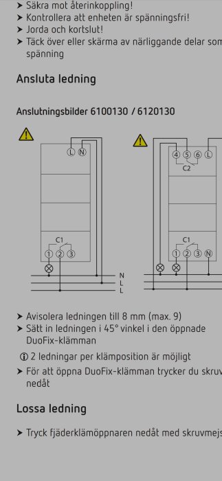 Instruktionsdiagram för anslutning av kopplingsur med märkningen L N och symboler för strömanslutning och jord.