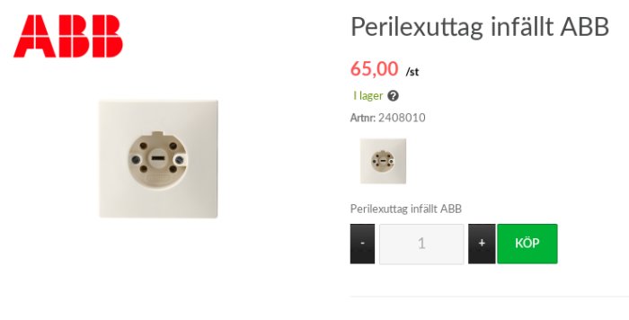 ABB Perilexuttag infällt i vit färg för 65 kronor, visas med köpknapp och artikelnummer.