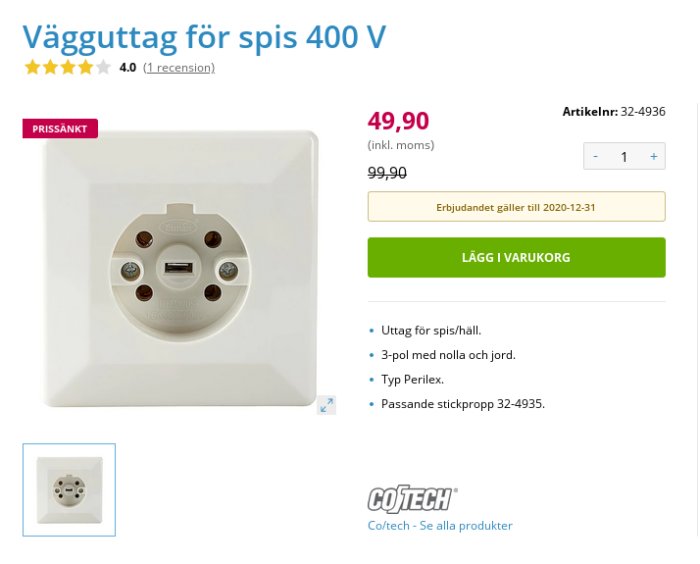 Vit vägguttag för spis 400V från Co/tech med pris och länk för köp på en webbutik.