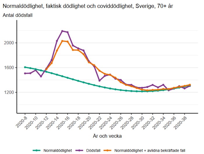 Graf över normaldödlighet, faktisk dödlighet och covidrelaterad dödlighet i Sverige, åldersgrupp 70+.