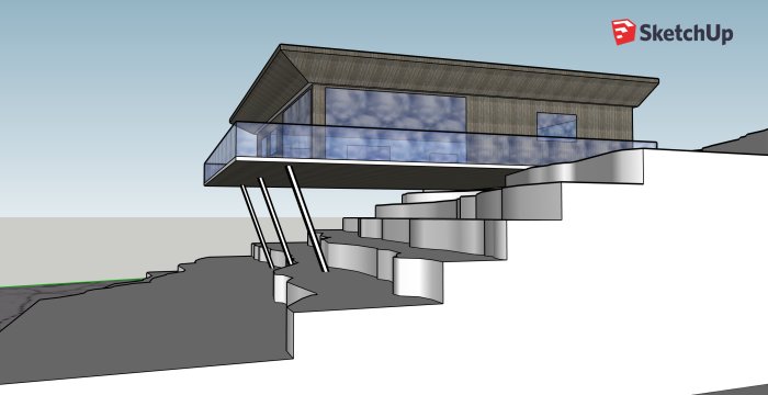 3D-modell av ett hus på pelare med stora fönsterpartier, designat för sluttande terräng.