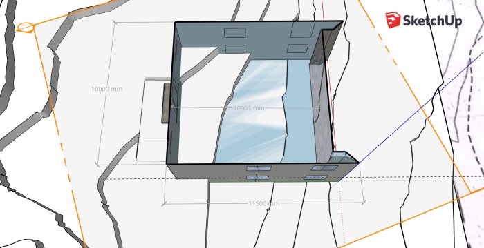 Arkitektskiss av hus på pelare anpassat för sluttande terräng i 3D-modell.