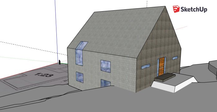 3D-modell av ett suterränghus i SketchUp med brant tak och ett stegat landskap.