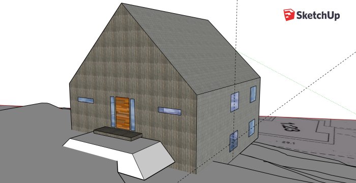 3D-modell av ett traditionellt lantgårdshus på en sluttning, designalternativ för byggnation.