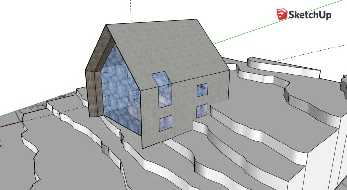 3D-modell av ett traditionellt suterränghus placerat på en sluttande tomt.