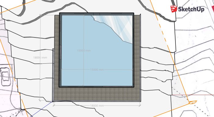 Skiss i SketchUp av ett hus på pålar med måttangivelser, placerat på en lutande tomt.