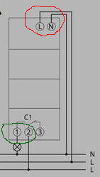 Elektrisk schematisk illustration av kopplingsur med markerade anslutningar för lampor och strömförsörjning.