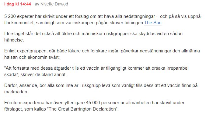 Skärmdump av ett inlägg som diskuterar ett förslag från experter om att häva nedstängningar för icke-riskgrupper.