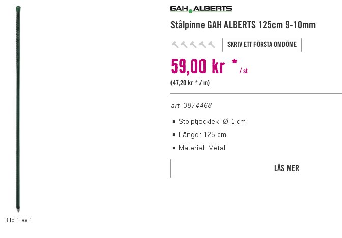 Produktbild på en 125cm lång stålpinne från GAH ALBERTS med prisinformation, 59 kr/st.