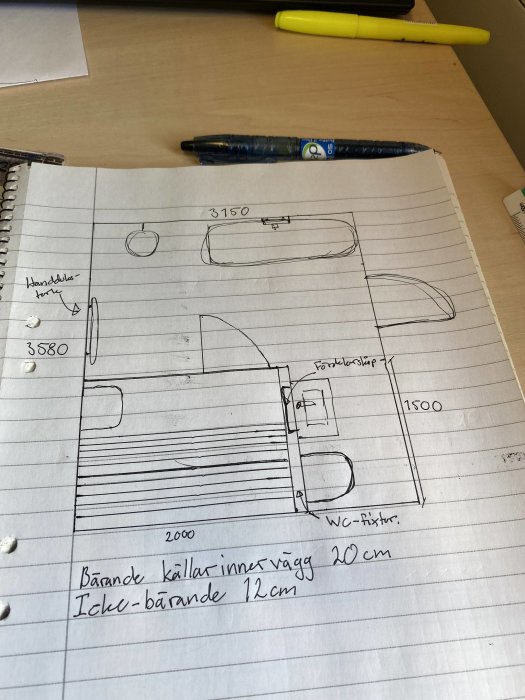 Handritad skiss över planlösning för renovering med dusch, wc och bastu samt måttangivelser.