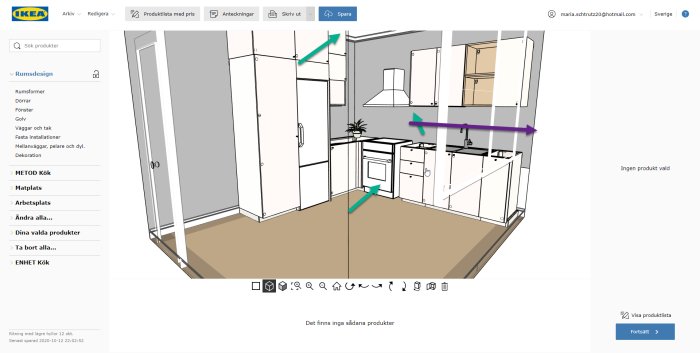 Digital köksdesignskiss med gröna och lila pilar som visar rutter för elkablarna bakom skåp och väggar.