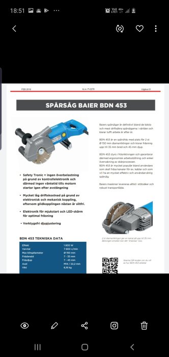 Information och bild av Baier BDN 453 spårsåg med tekniska specifikationer och säkerhetsfunktioner.