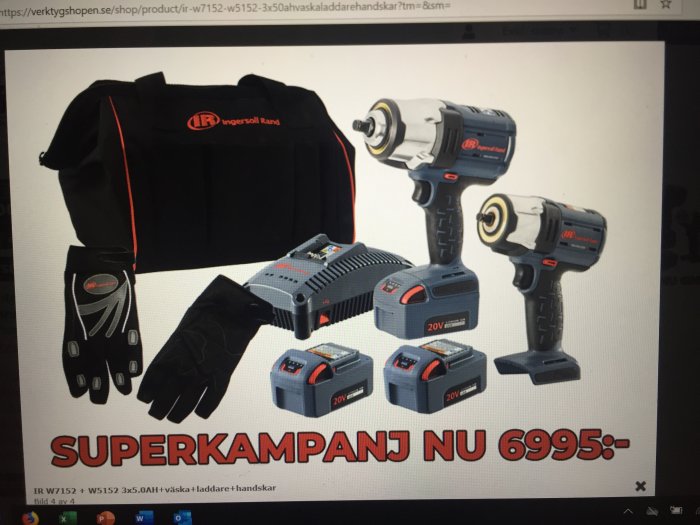 Reklambild för Ingersoll Rand mutterdragare, laddare, batterier, väska och handskar med texten "SUPERKAMPANJ NU 6995:-".