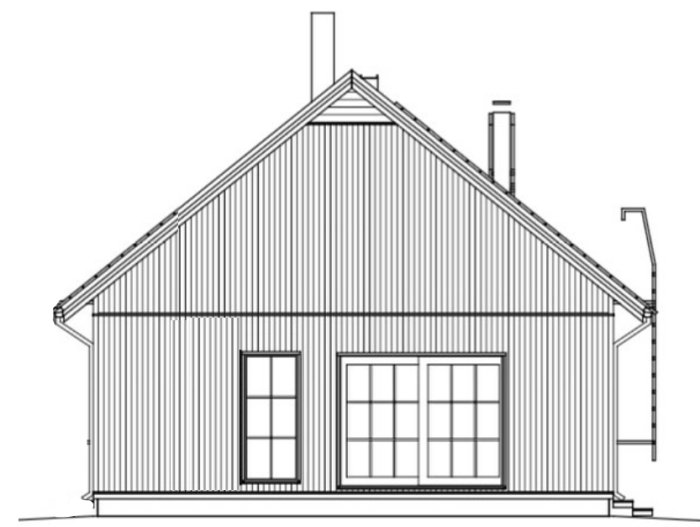 Skiss av husfasad med taknock, fönster och dörr, ej slutgiltig eller godkänd arkitektritning.