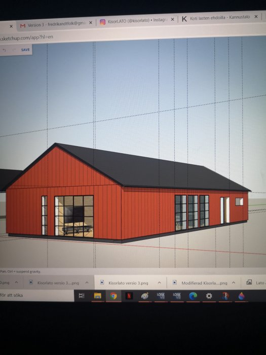 Skiss i SketchUp av ett hus med röda fasader och svart tak, som visar designen av en användares byggprojekt.