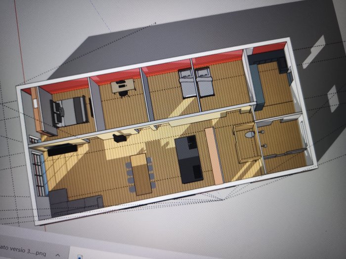 3D-sketchup av husplan med kök, tvättstuga och sovrum arrangemang och utrustning.