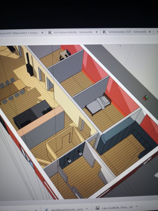 3D-Sketchupmodell av ett hem med kök, tvättstuga och sovrum.