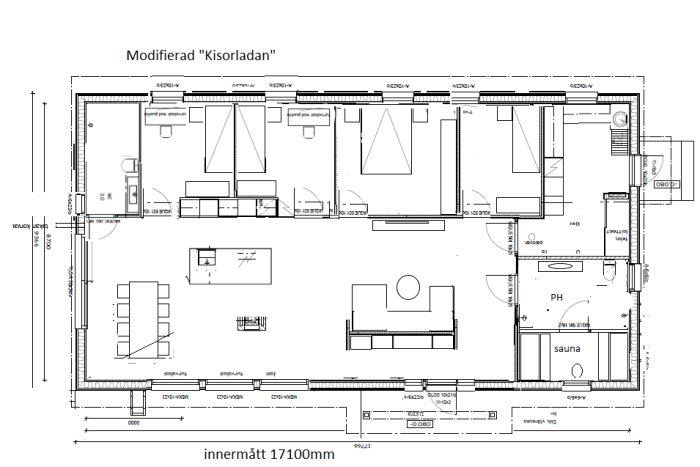 Ritning av en modifierad husplan märkt "Kisorladan", med mått och rumsuppdelningar, inklusive en sauna.