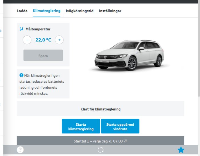 Skärmdump av bilens klimatkontrollinställningar med inställd temperatur, bilbild och starttidsalternativ.