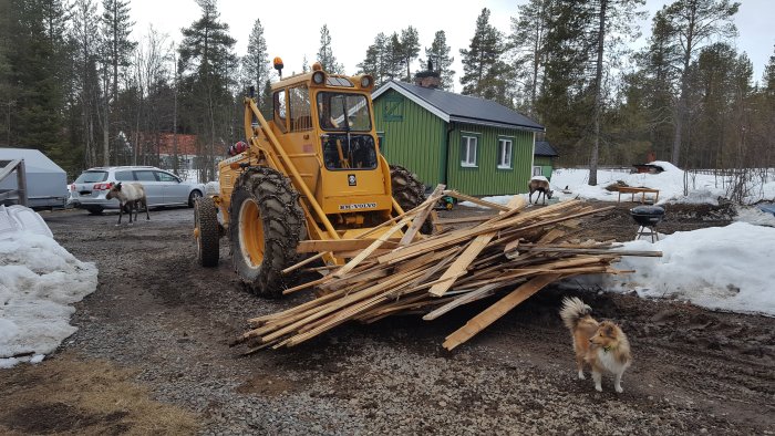 Gul BM-Volvo hjullastare flyttar en hög med träplank och brädor med snö och hus i bakgrunden.