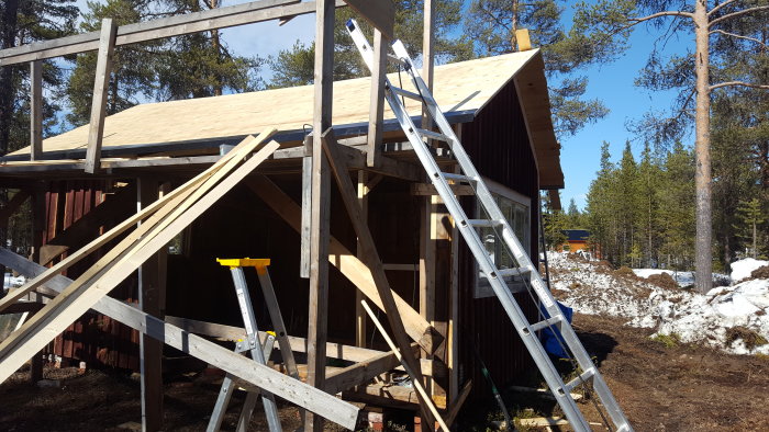 Renovering av en äldre byggnad med nytt tak och stödsträvor, arbetsverktyg synliga, på en dag med smältande snö.