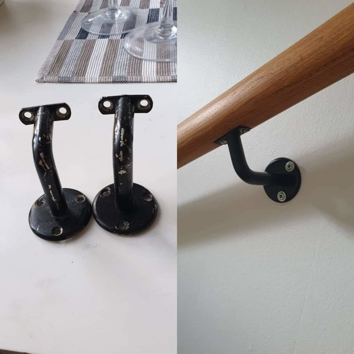 Före-och-efter-bilder av upprustade svarta ledstångsfästen på en vit vägg.