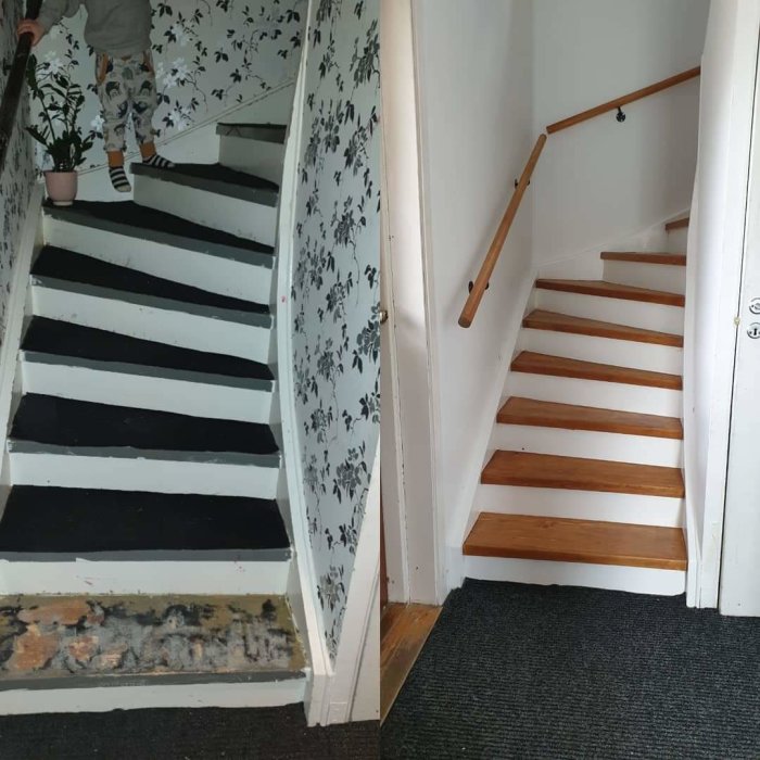 Före-och-efter-bilder av en trapprenovering med ett gammalt slitet trappräcke och nytt träledstång.