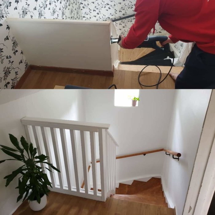Renoveringsprocess av trappa: före och efter bilder som visar slipning och nymålat vit räcke med trädetaljer.