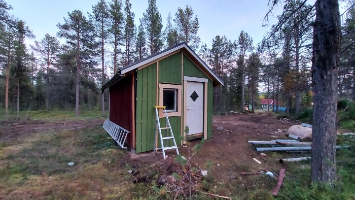 Nyinstallerad vit dörr på en grön och röd trästuga omgiven av skog och en stege på sidan.