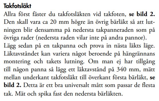 Instruktionsutdrag från Benders för montering av takfotsläkt med specifikationer för höjd och avstånd.