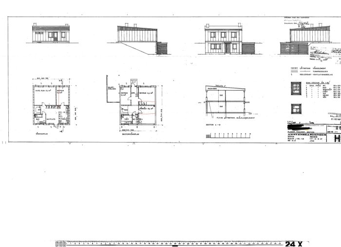 Arkitektonisk ritning av en byggnads planlösning och sektioner, markerade områden för renovering.