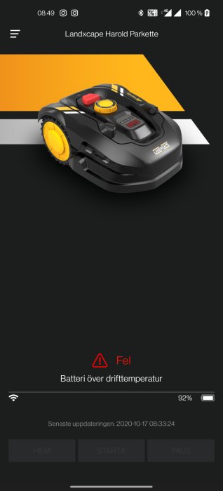 Robotgräsklippare visar felmeddelande "Batteri över drifttemperatur" på mobilapp.