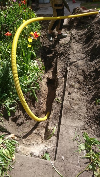 Grävd schakt för dränering med synliga grundstenar och gul dräneringsslang, omgiven av blomster och trädgård.