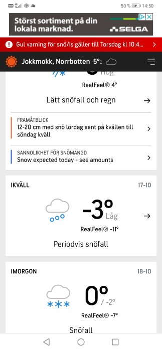 Skärmdump av väderprognos visar snövarning och temperaturer i Jokkmokk, Norrbotten med kommande snöfall.