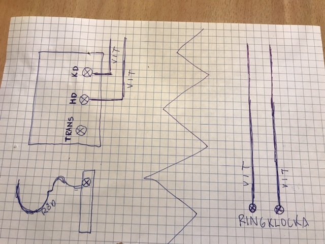 Ritad schematisk skiss över husets elinstallation med markering för transformator och ringklocka på rutat papper.