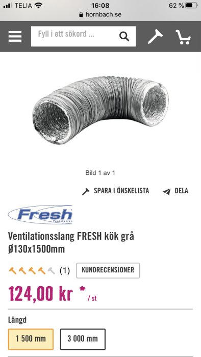 Flexibel ventilationskanal i aluminium för kök, modell FRESH, diameter 130 mm och längd 1500 mm.