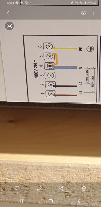 El-schema för anslutning av spis med färgkodade kablar och terminalnummer.