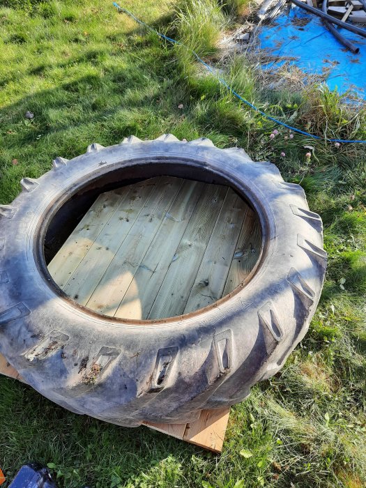 Tryckimpregnerat trädäck inuti en stor traktordäck på gräsmatta, förberedelse för stående stolpe syns.