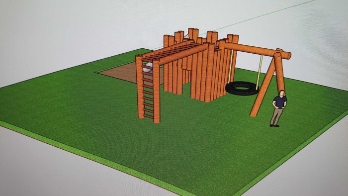 3D-modell av en träkoja med rutschkana och gungor ritad i Google SketchUp, planerad för byggnad.