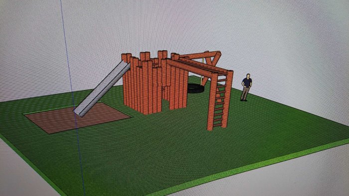 3D-modell av ett trädäck och lekställning designat i Google SketchUp med en figur som representerar en person.