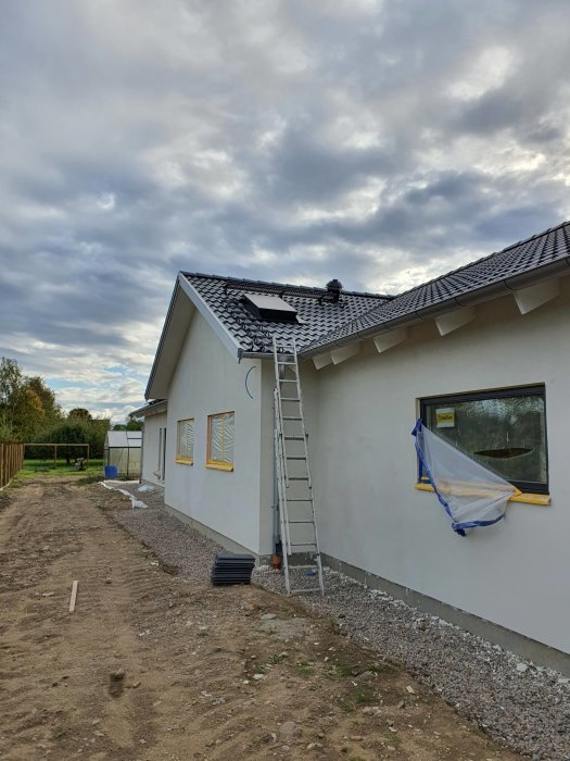 Nybyggt hus under slutskedet av konstruktion med stege mot taket och oskyddade fönster.