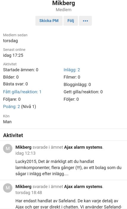 Skärmdump av en användarprofil på ett diskussionsforum med detaljer om medlemskap och inlägg.