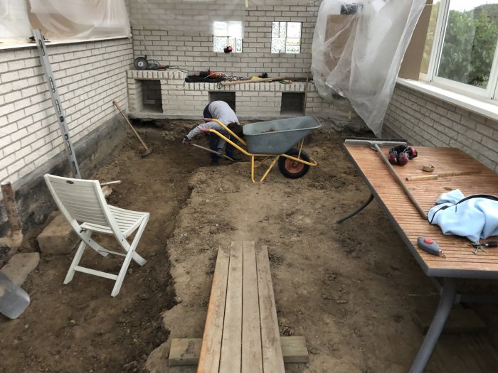 Uppgrävning av golv i uterum med verktyg och skottkärra synliga under renoveringsarbetet.