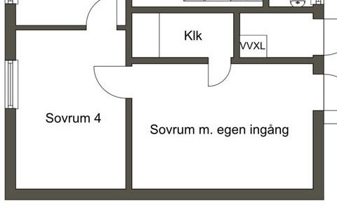 Skalenlig ritning av en bostadsplan som visar en liten klädkammare bredvid sovrum, avsedd att göras om till toa och dusch.