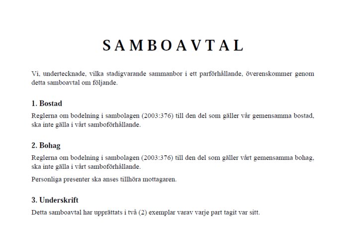 Bild på ett samboavtal med text om bostad, bohag och underskrift för par som lever tillsammans.