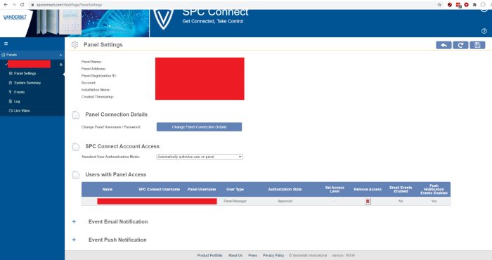 Skärmdump av SPC Connects Panelinställningar utan SSL/TLS alternativ synliga.