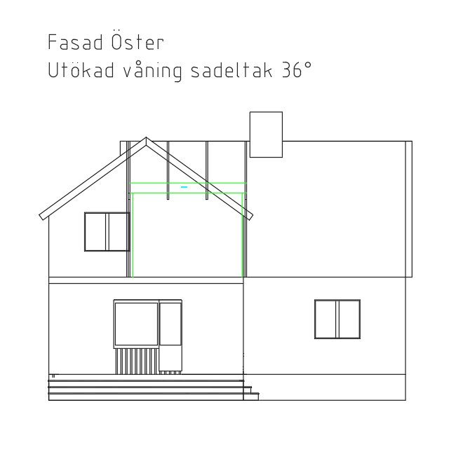 Ritning av husfasad öster med tillbyggnad och markerade takstolar före uppbyggnad av extra våning.