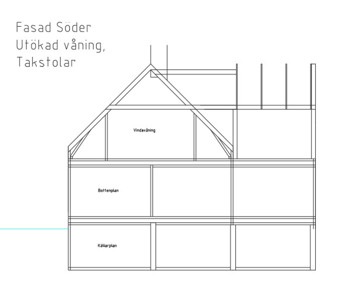 Arkitektonisk ritning av en husfasad med utökad vindsvåning och markerade takstolar.