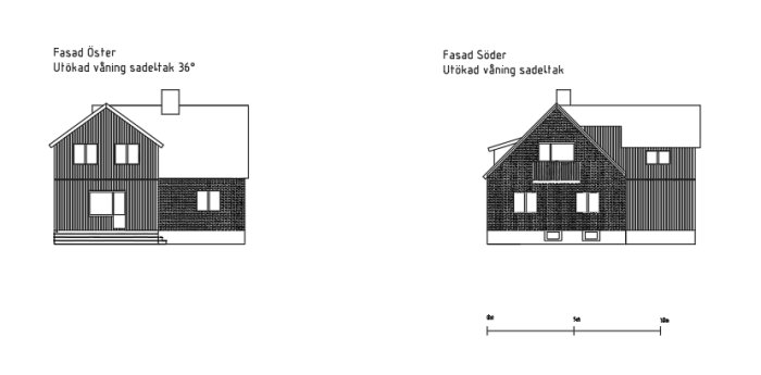 Arkitektoniska ritningar av husfasader, en visar östra sidan och den andra södra sidan, av ett tillbyggnadsprojekt.