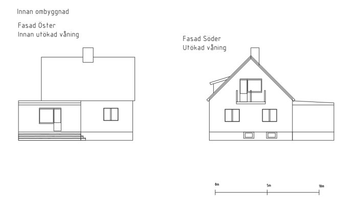 Arkitektritningar före och efter tillbyggnad av andra våningen på ett hus.